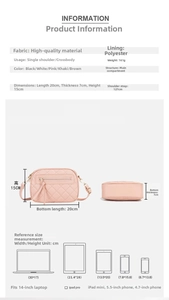 Detailed size chart for quilted crossbody camera bag showing dimensions and phone compatibility