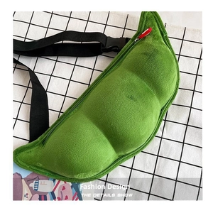 Detail view of the green pea pod plush bag with soft texture and secure zipper closure