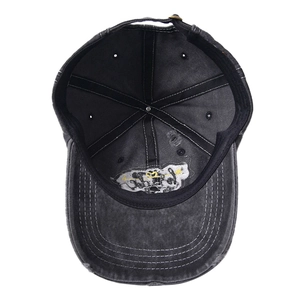 Inside view of washed denim baseball cap with bride embroidery and adjustable strap
