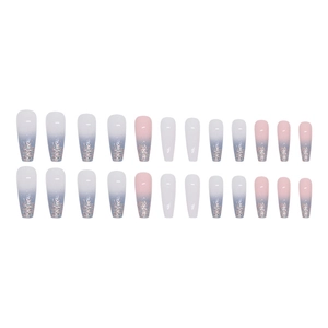 Blue-purple gradient long ballet fake nails with silver glitter and 24-piece set