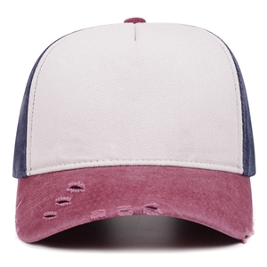 Detailed front view of a distressed washed denim baseball cap in color-block design