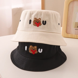 Kids cotton bucket hat with cute bear embroidery and heart letter detail in black and beige