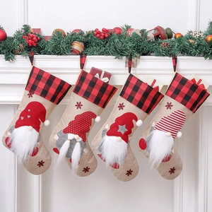 Christmas Stockings Linen Buffalo Plaid Plush Gnome Long Beard Snowflake Embroidery Holiday Party Decor Gift Bag Rustic