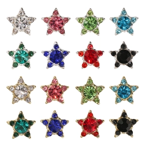 Star-shaped rhinestone nail art charms in gold and silver metal frames, 16 colors set