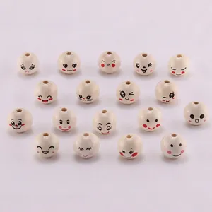 Natural wood smiley face beads with various cute cartoon expressions for DIY jewelry