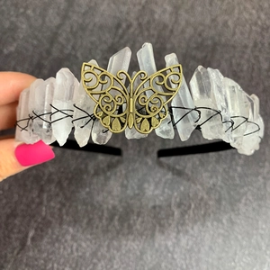 Handmade quartz crystal crown with brass butterfly on black metal headband base