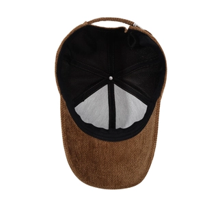 Inside view of brown corduroy baseball cap with breathable mesh and metal strap buckle