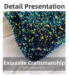 Macro shot of vibrant blue, green and orange sequins on a fashion bucket bag surface