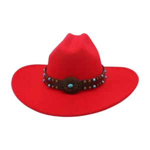 Detailed view of red fedora hat featuring a brown leather band with turquoise beads