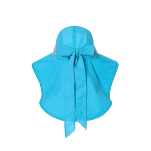 Detail of sky blue sun hat with neck protection flap and breathable mesh panels