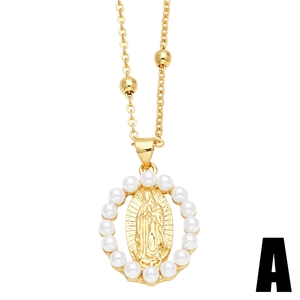 Gold Virgin Mary oval pendant necklace with white pearl border and beaded chain for women