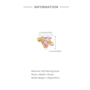 Detailed view of S925 sterling silver pink heart zircon stud earring with measurements