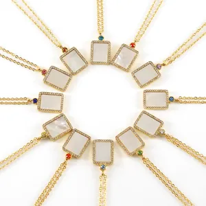 Rectangle Shell Pendant Necklace Stainless Steel 18K Gold Plated Colorful Zircon Birthstone Jewelry For Women