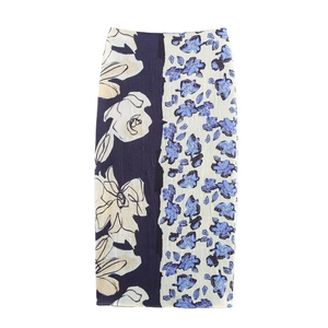 Jupe Midi À Imprimé Fleuri Texture Satinée Taille Haute Patchwork Asymétrique Avec Fente Latérale Pour Femmes
