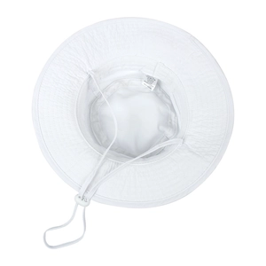 Detail of white kids sun hat interior with breathable mesh lining and adjustable chin strap