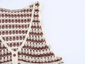 Detailed close-up of brown and white hollow-out crochet vest with V-neck and button