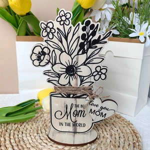 Detail of wooden flower bouquet ornament with The Best Mom In The World engraving