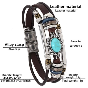Detail view of woven brown leather bracelet with turquoise inlay and stainless steel clasp