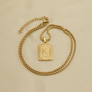 18K gold plated stainless steel square pendant necklace with letter K on pearl box chain