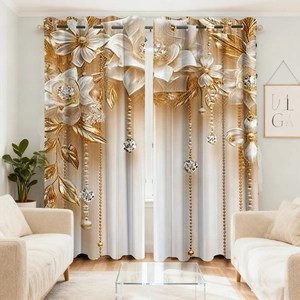 Detailed close-up of luxurious 3D floral velvet curtains with golden pearls and metal eyelets