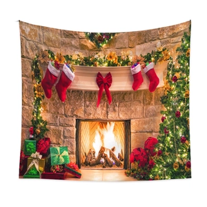 Detail of Christmas tapestry showing fireplace, stockings, and decorated Xmas tree