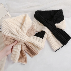 Écharpe en Tricot d'Hiver pour Femmes Cache-cou Croisé Bicolore Polyester Chaud Doux Courte pour Temps Froid
