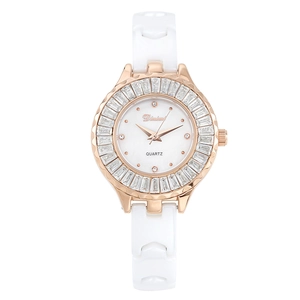 Elegant white ceramic and rose gold watch with sparkling gemstone bezel for women
