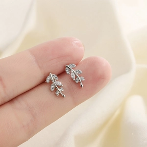 Leaf Branch Stud Earrings Copper Cubic Zirconia Inlaid Minimalist Silver Plated Nature Style Jewelry For Women