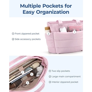Detailed view of pink quilted tote bag showing multiple pockets and spacious interior layers