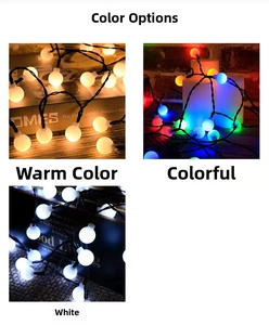 Detail view of frosted globe LED string lights in warm white, multicolor, and cold white options