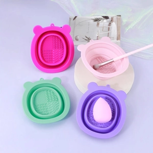 Silicone Makeup Brush Cleaning Bowl Foldable Bear Shape Scrubber Pad Deep Clean Texture Portable Beauty Tool