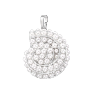 Detailed macro shot of an elegant seashell pendant inlaid with white lustrous pearls