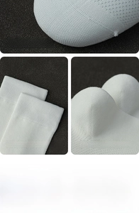 Detail view of seamless toe, elastic cuff and 3D reinforced heel on white cotton socks