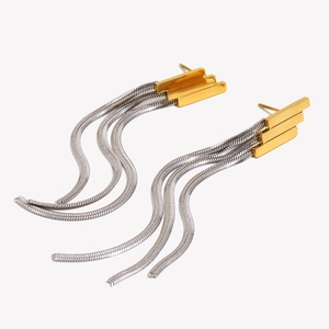 Detail of two-tone tassel earrings featuring gold rectangle plate and silver chain fringes