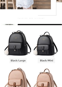 Detail view of fashion backpacks in black and beige colors with mini and large size options