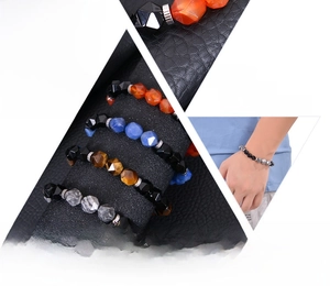 Detailed view of 10mm geometric cut natural stone beads on elastic yoga bracelet