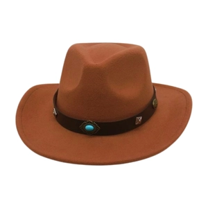 Ethnic wool felt fedora hat in rust red with turquoise leather belt for men and women