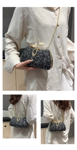 Detailed views of the black shimmer evening clutch bag with gold chain and metal clasp