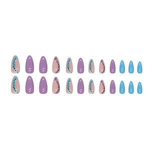 Almond press-on nails with purple and blue leopard patterns and glitter accents