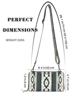 Detailed size chart showing dimensions of the bohemian geometric pattern crossbody bag