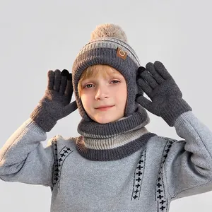 Winter kids' grey knit hat scarf and touchscreen gloves set with fleece lining