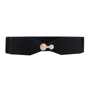 Chic black elastic waist belt with a stylish gold circular metal buckle for women