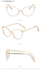 Champagne cat-eye glasses with gold metal temples shown in multiple display angles