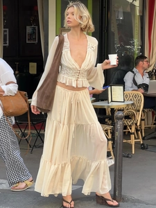 French Bohemian Women Lace Patchwork V-Neck Top And Tiered Maxi Skirt Two-Piece Vacation Outfit Elegant Solid Color Outfit