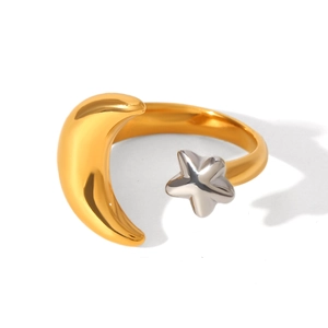 Polished stainless steel moon and star open ring in bicolor gold and silver finish