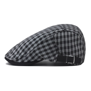 British style black and white plaid ivy cap with adjustable strap and metal buckle