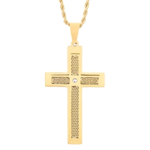 Pendentif croix en acier doré hip hop avec cristal rond et chaîne torsadée pour homme