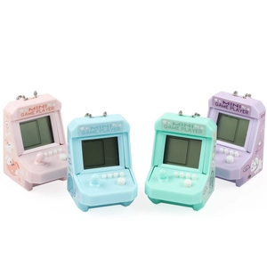 Mini retro arcade game console keychains in pastel pink, blue, mint, and purple colors