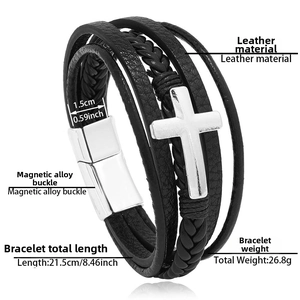 Detail view of mens black braided leather cross bracelet with 21.5cm length and size specs