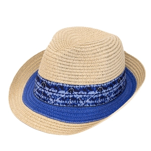 Summer straw fedora hat with blue edge trim and tie-dye decorative band for beach sun protection